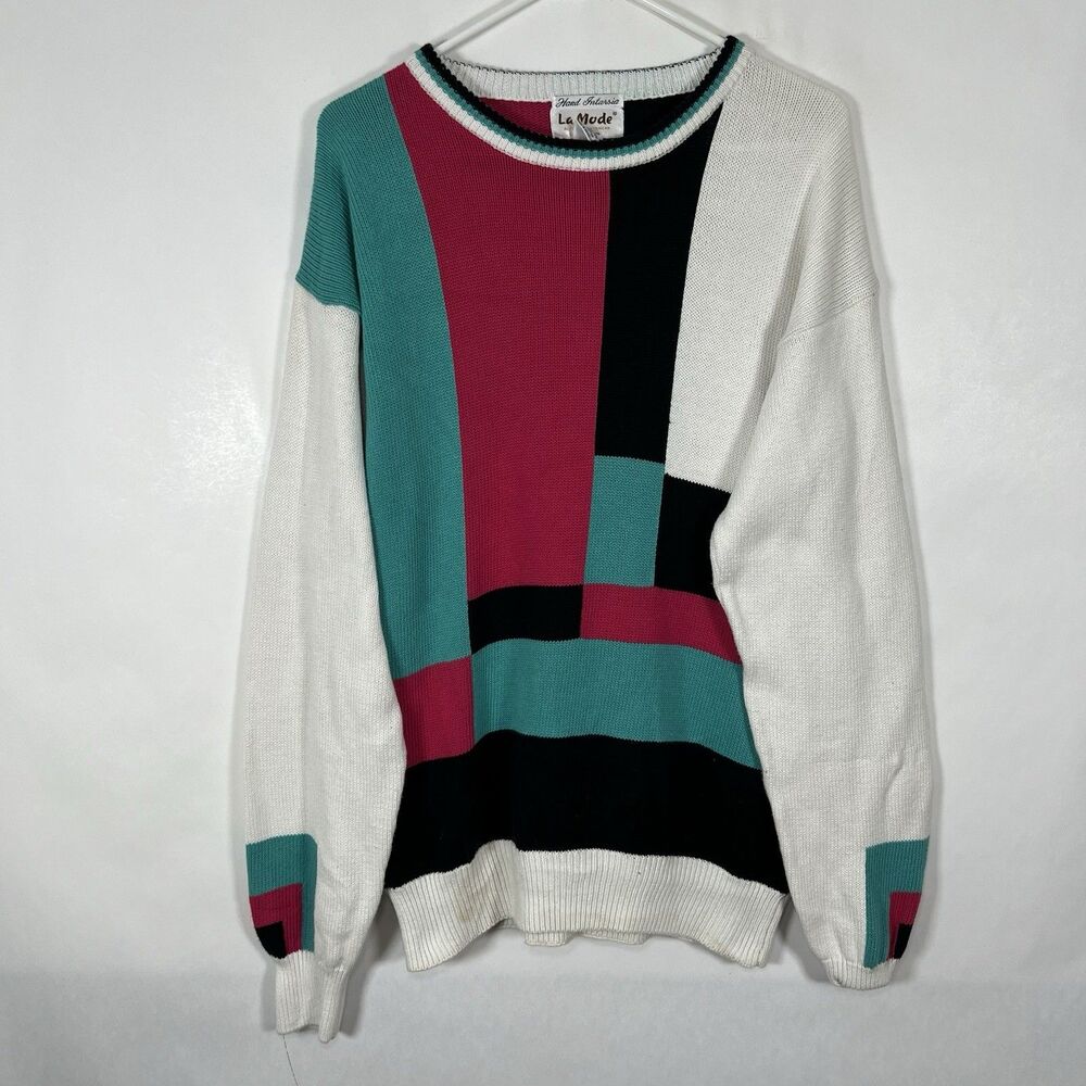 Vintage La Mode Los Angeles Crew Neck Sweater Men Size Large Pink Teal Geometric
